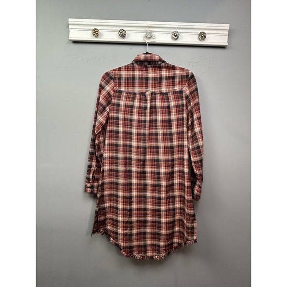 Plaid Flannel Shirt Dress Womens Medium Red Longline Fringe Hem Tunic Casual - Picture 2 of 7